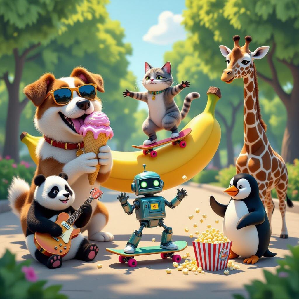 Whimsical 3D Cartoon Scene of Animals & Robot in Park