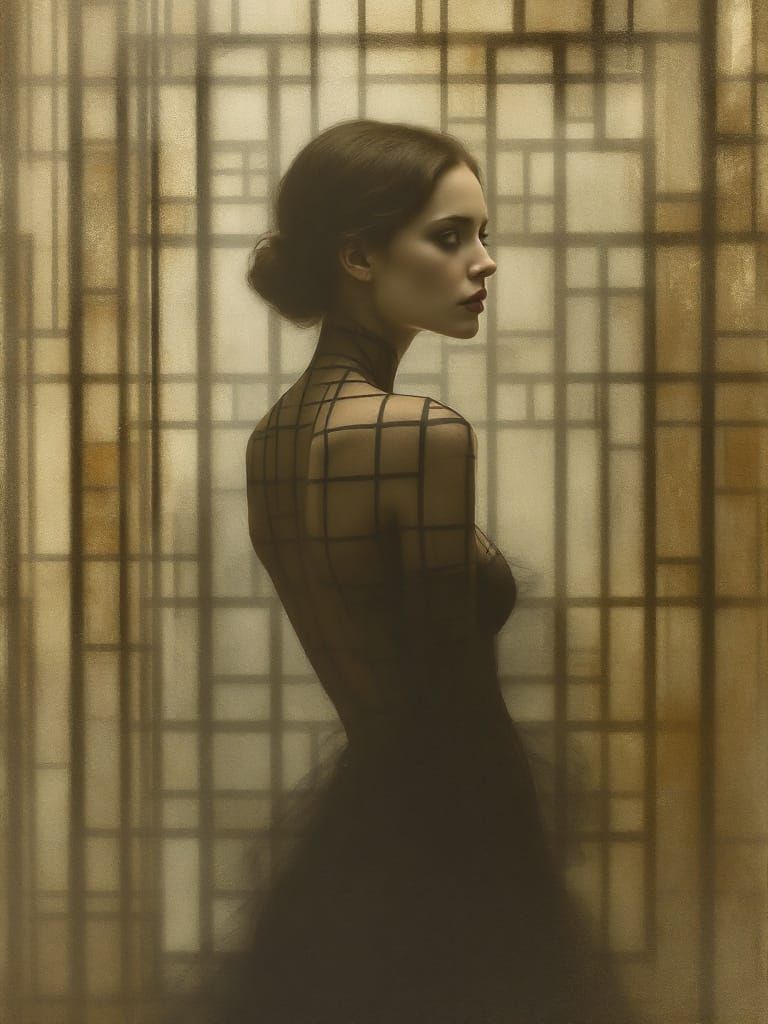 Woman Merges With Geometric Wall Art in Ethereal Portrait