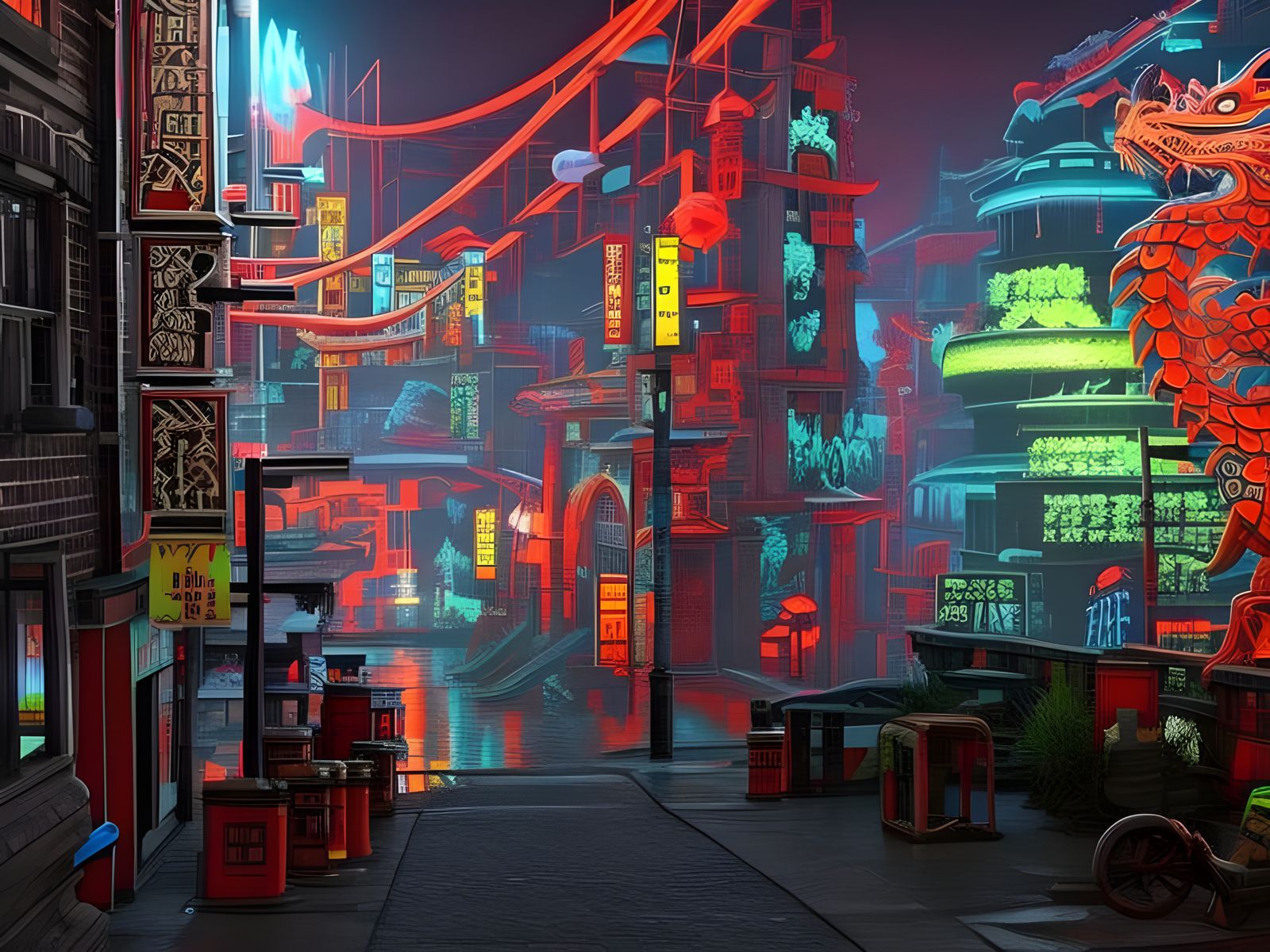Cyberpunk Chinatown Dragon Graffiti in Neon Lights
