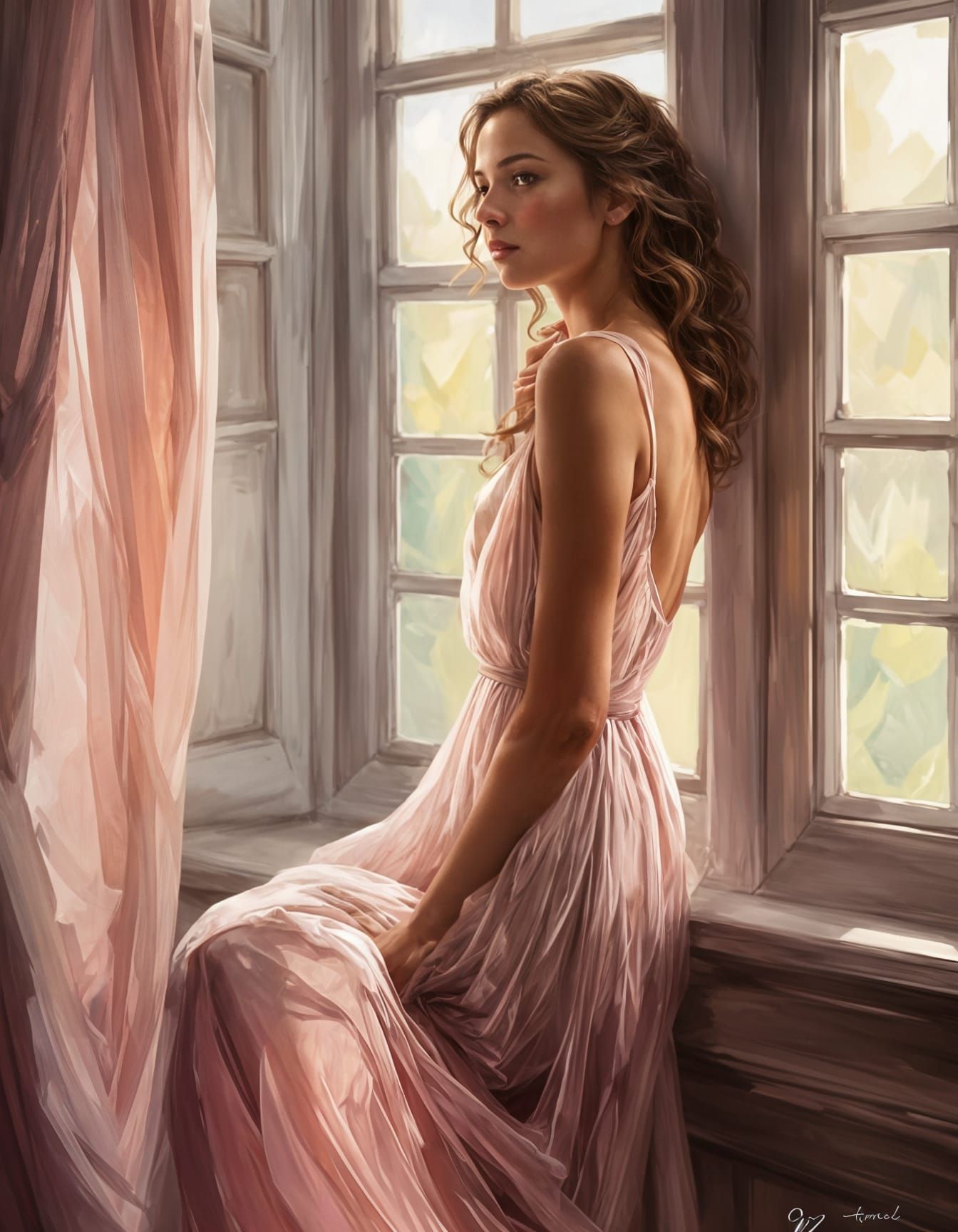 Woman in Pink Gown, Dreamy Art Nouveau Portrait