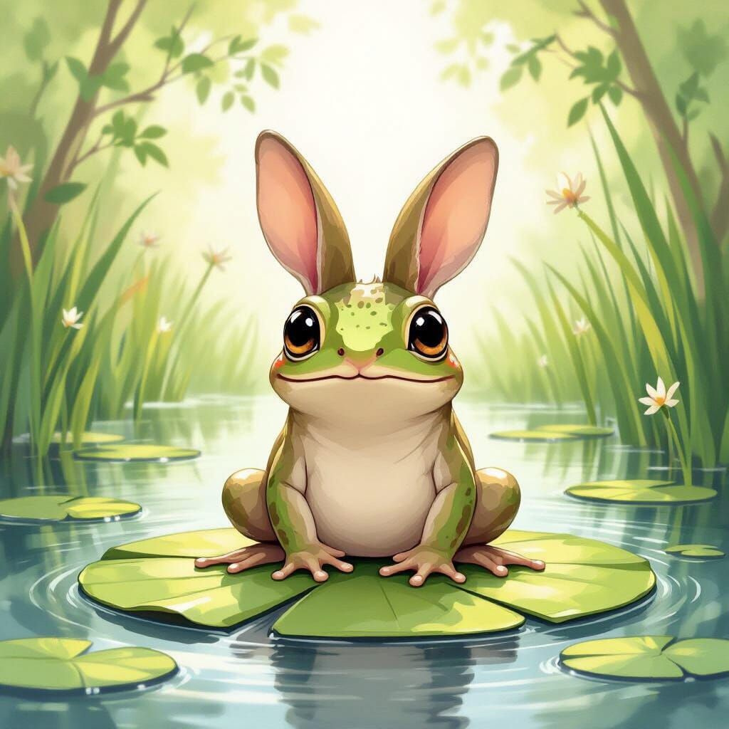 Whimsical Rabbit-Frog Hybrid on Lily Pad