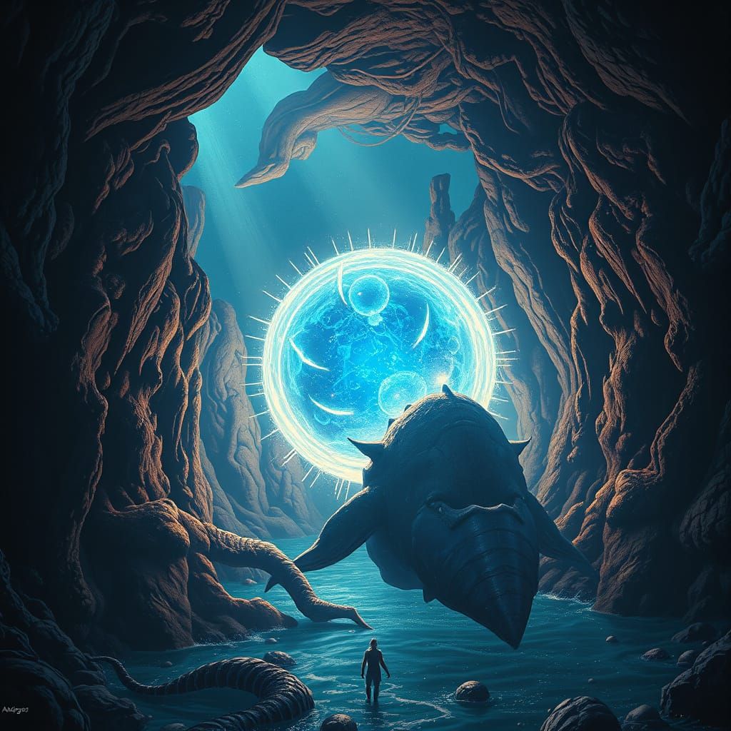 Pulsating Energy Orb in Deep Sea Cavern