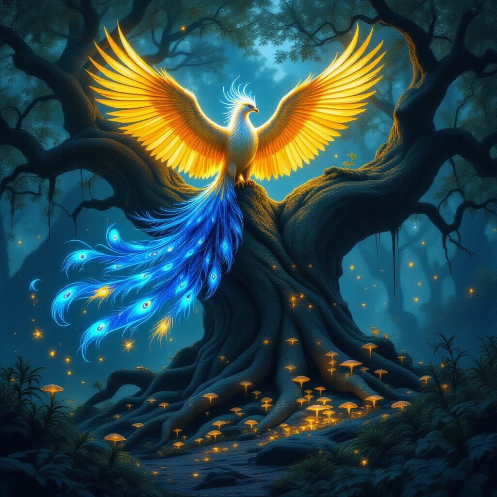 Blue and Gold Phoenix in Bioluminescent Forest