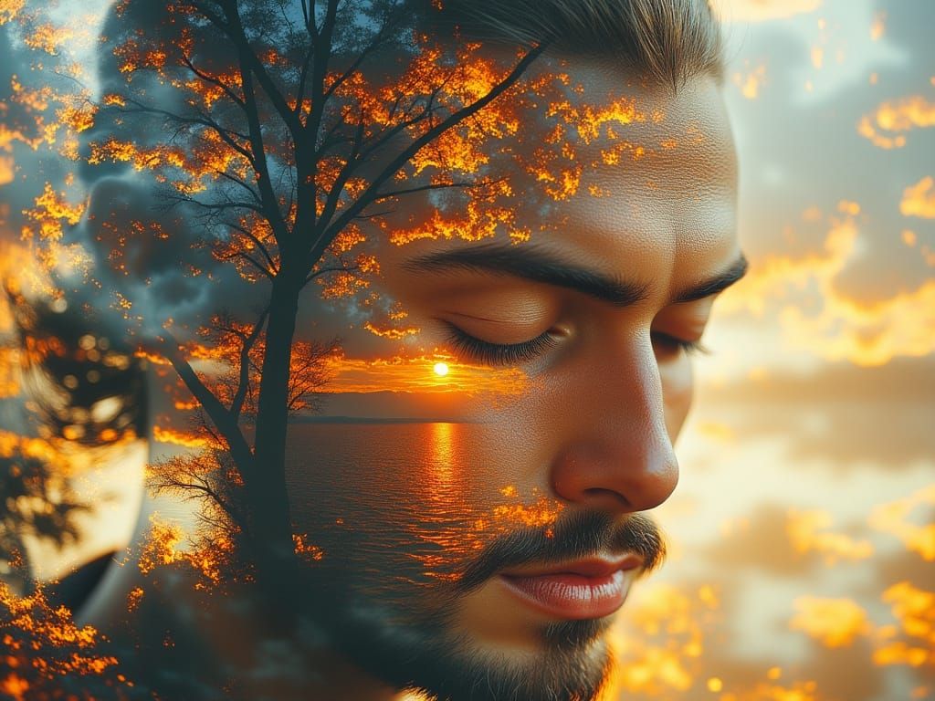 Samurai Meditation with Inner Dragon: Double Exposure Art