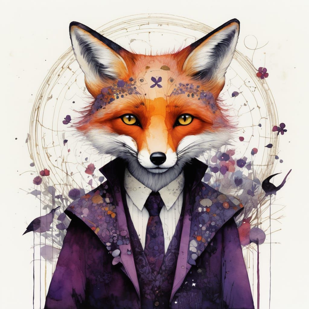 Whimsical Plum Fox in Vibrant Watercolor Style