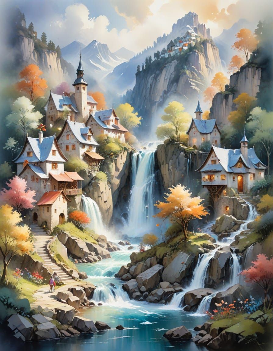 Fairytale Village Waterfall in Watercolour Style