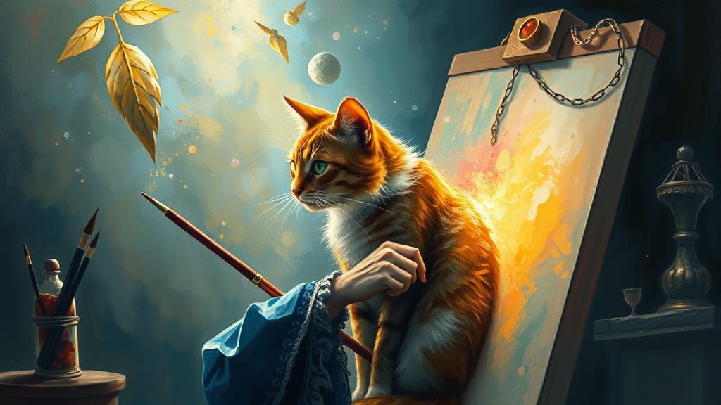 Magical Artist Paints 3D Cat Emerging from Impressionist Can...