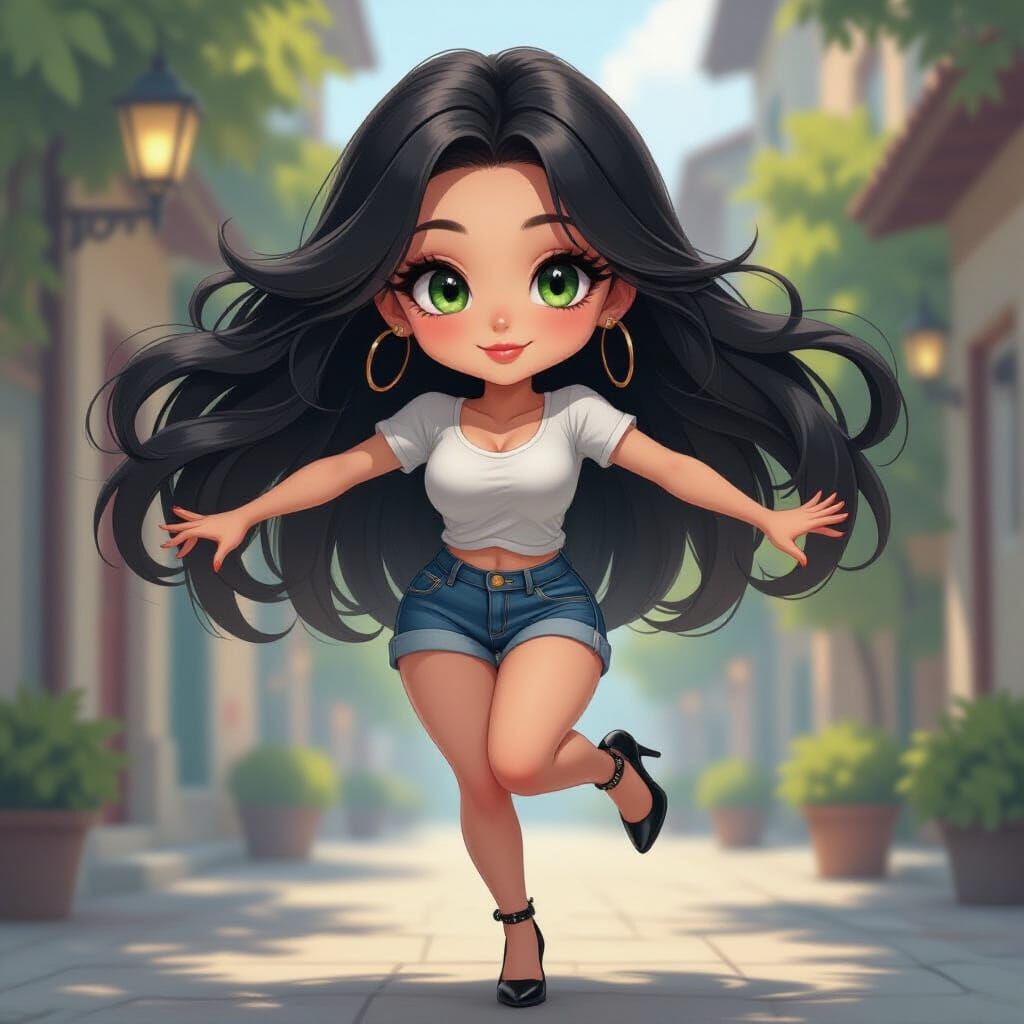 Chibi Woman in Exaggerated Pose Oil Painting