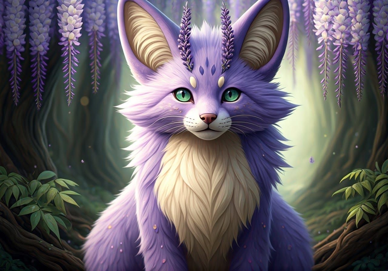 Whimsical Purple Fox-Cat Hybrid in Mystical Forest