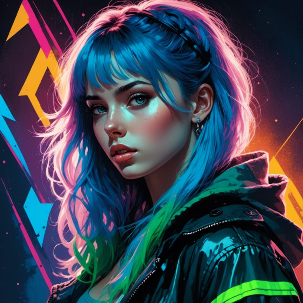 Retro Portrait of Girl with Pastel Hair and Neon Highlights
