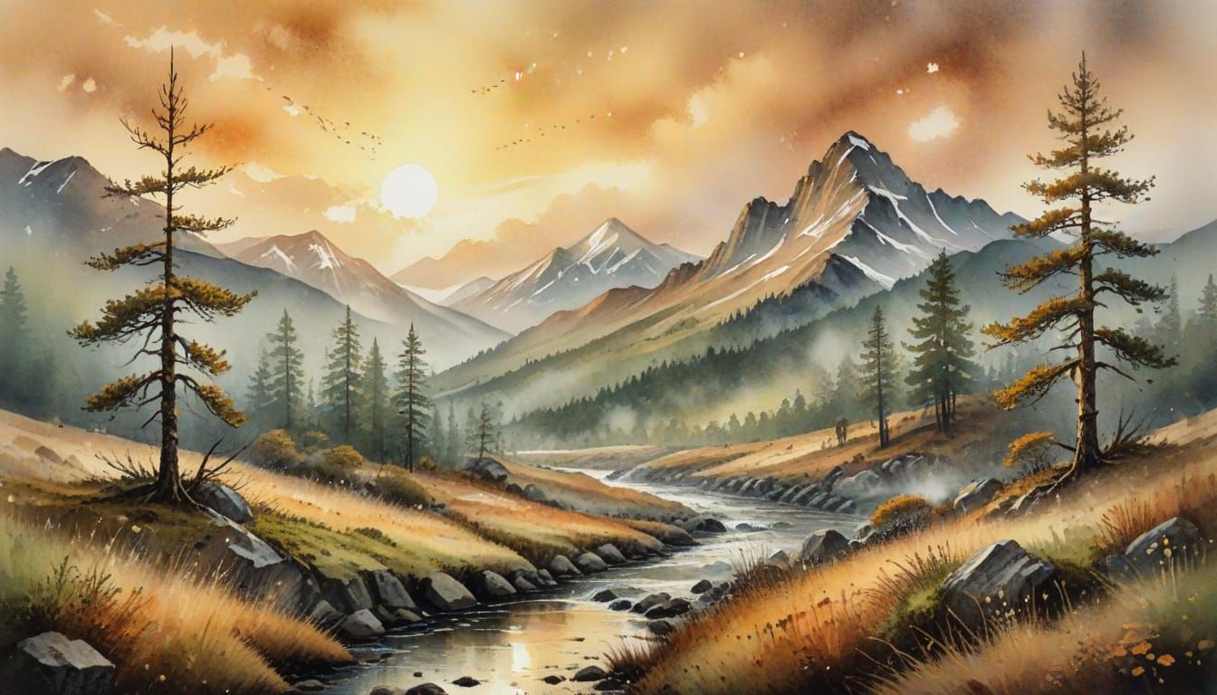Watercolor Mountain Range at Sunset in Golden Light