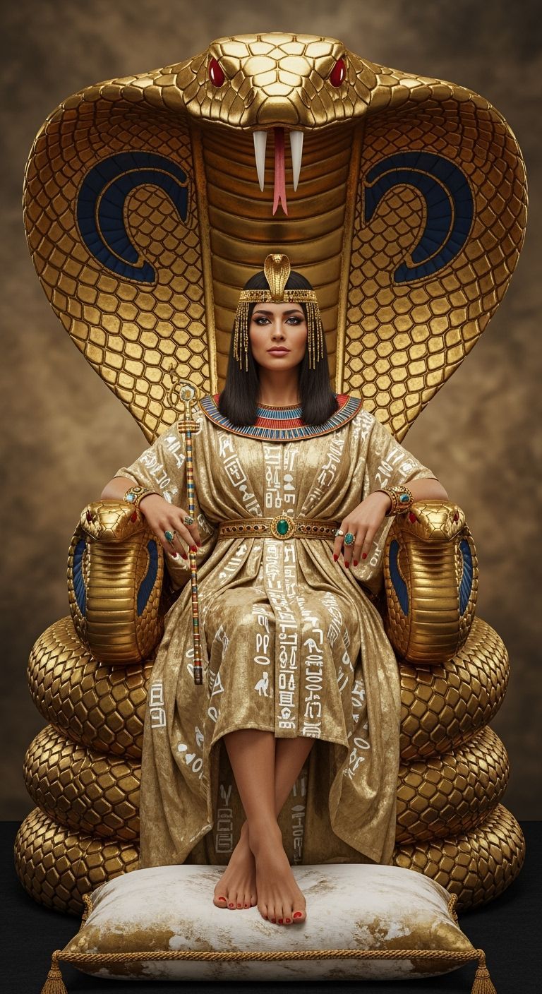 Egyptian Queen on Golden Cobra Throne, Photorealistic Style