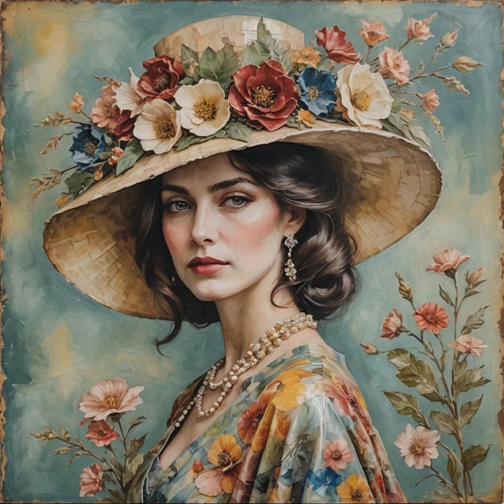 Encaustic Portrait of Woman with Floral Hat