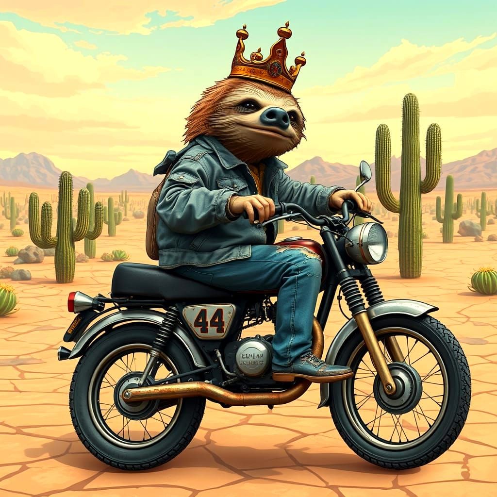 Sloth in Faded Denim Cruises Surreal Desert Landscape