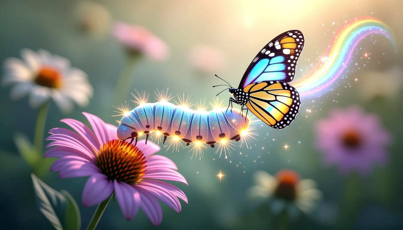 Dreamy Magical Realism: Luminous Celestipillar Over Flowers