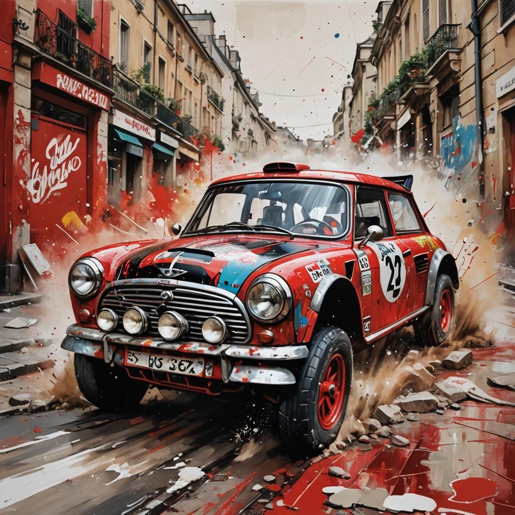 Red Mini Cooper Rally Car in Graffiti Art Style