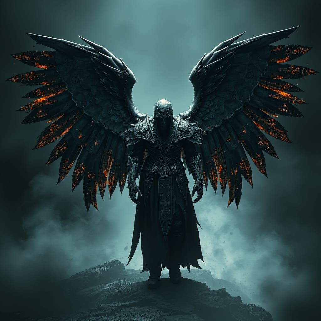 Ethereal Angel of Death in Tattered Black Armor with Glowing...