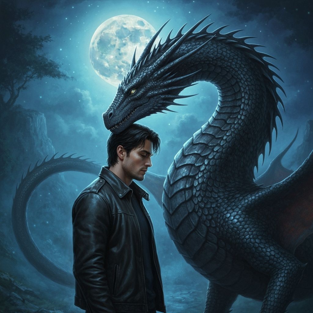Mystical Dragon Touches Man in Moonlit Landscape