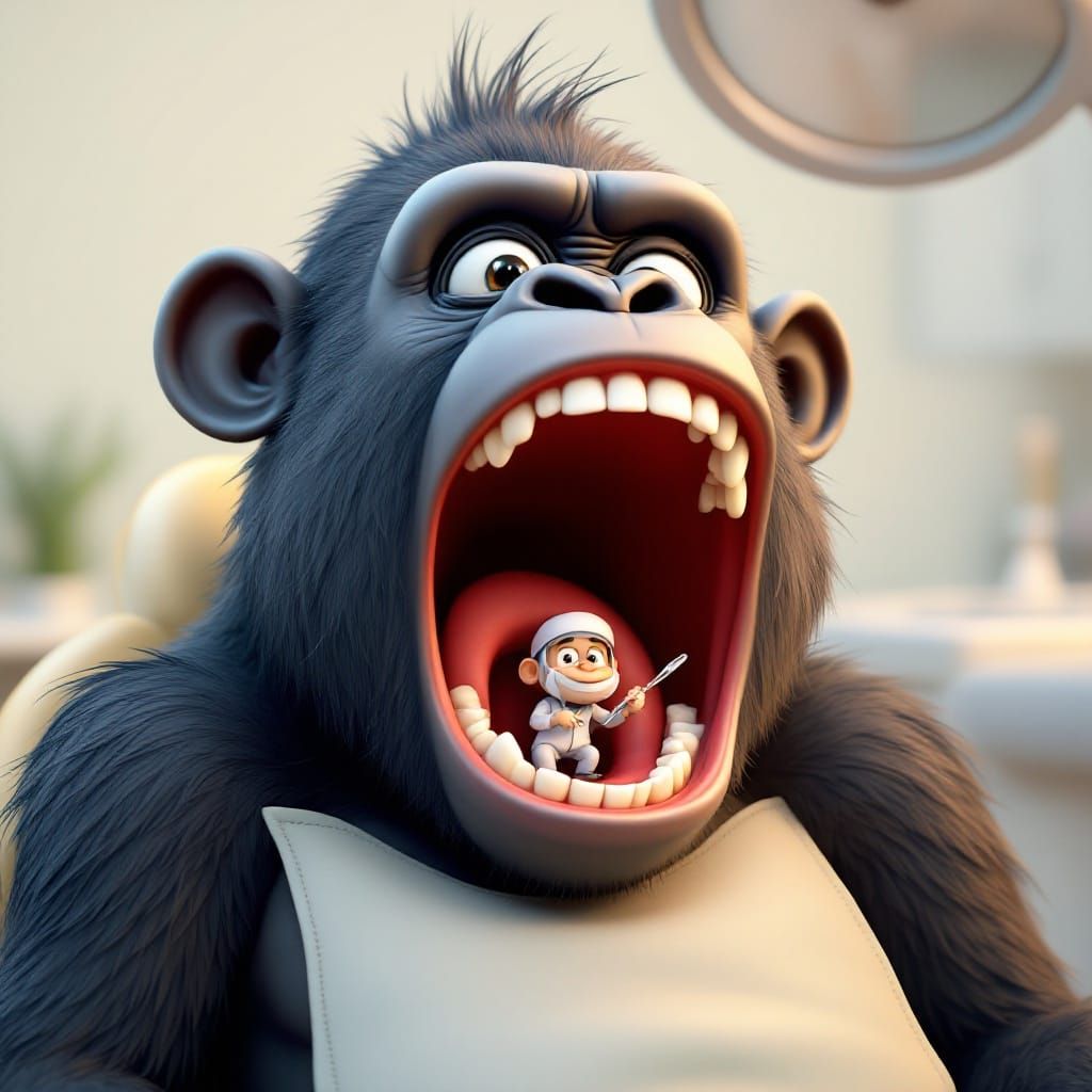 Whimsical Cartoon Scene of a Gorilla in a Dental Chair
