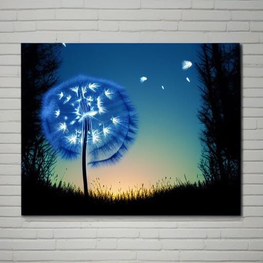 Glowing Dandelion Seed in Blue Forest Sunset
