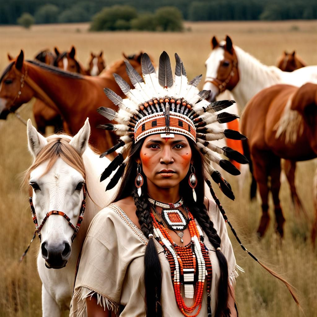 Native American Woman Portrait with Horses