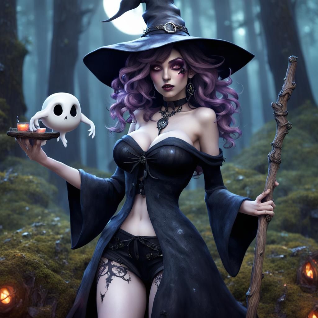 Ethereal Witch in Dark Wood: Hyperrealistic Fantasy Art