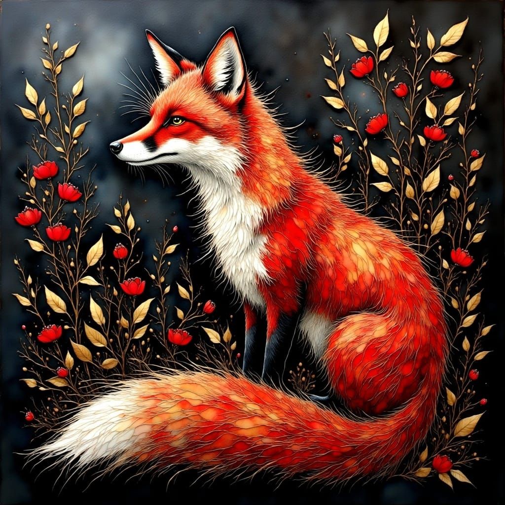 Luxurious Abstract Art in Dark Stone with Gold Fox Patterns