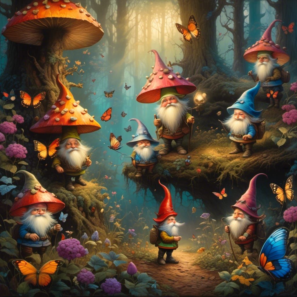 Gnomes and Rabbits with Butterflies in Forest