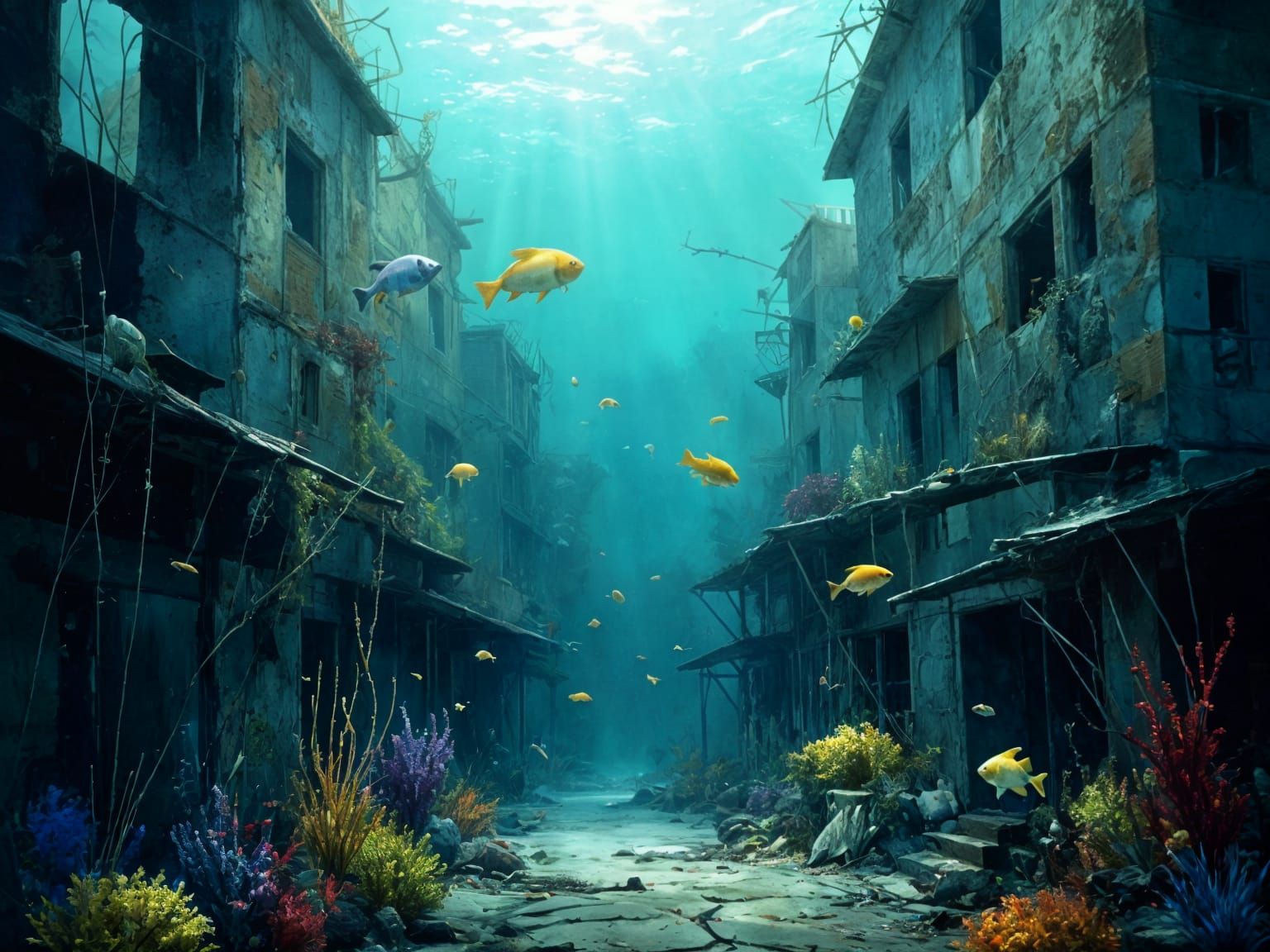 Surreal Underwater Scene in Impressionist Style Depicts a Su...