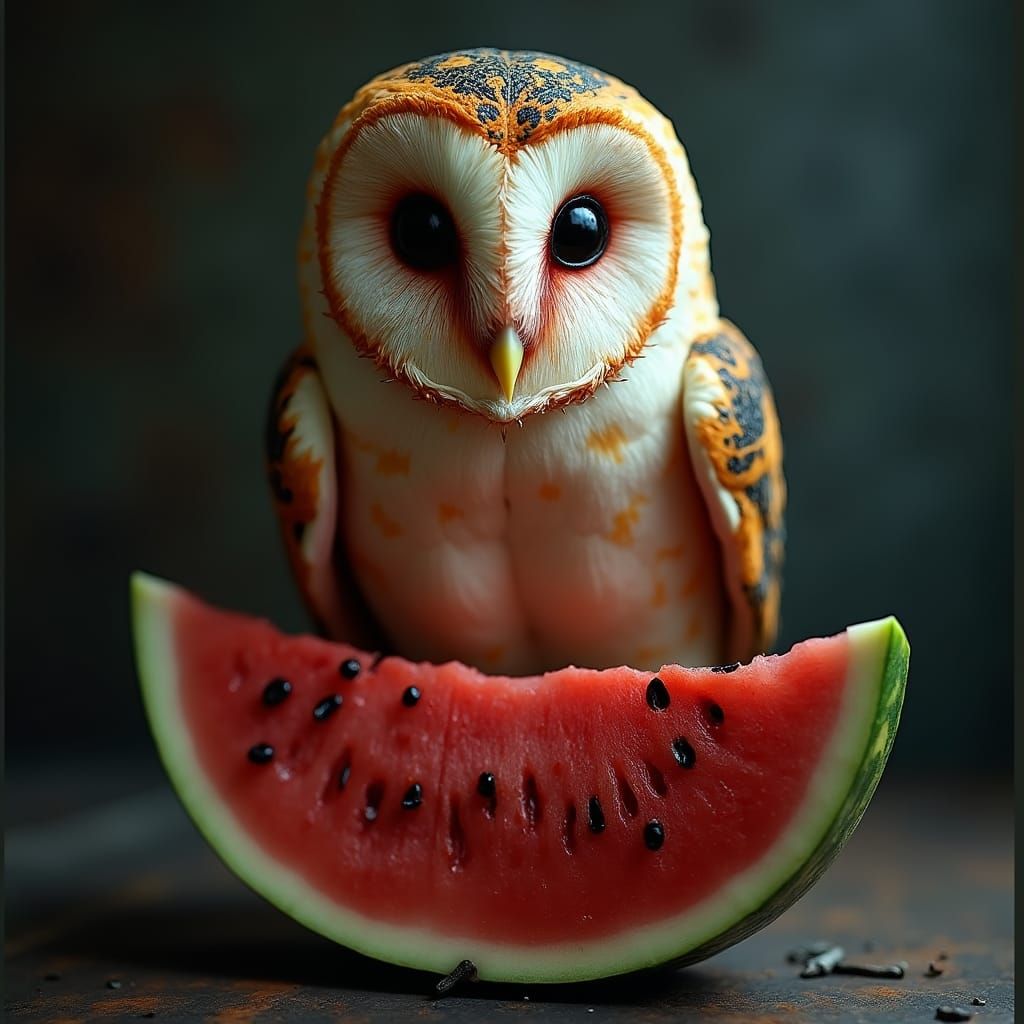 Hyperrealistic Watermelon Cantaloupe Barn Owl