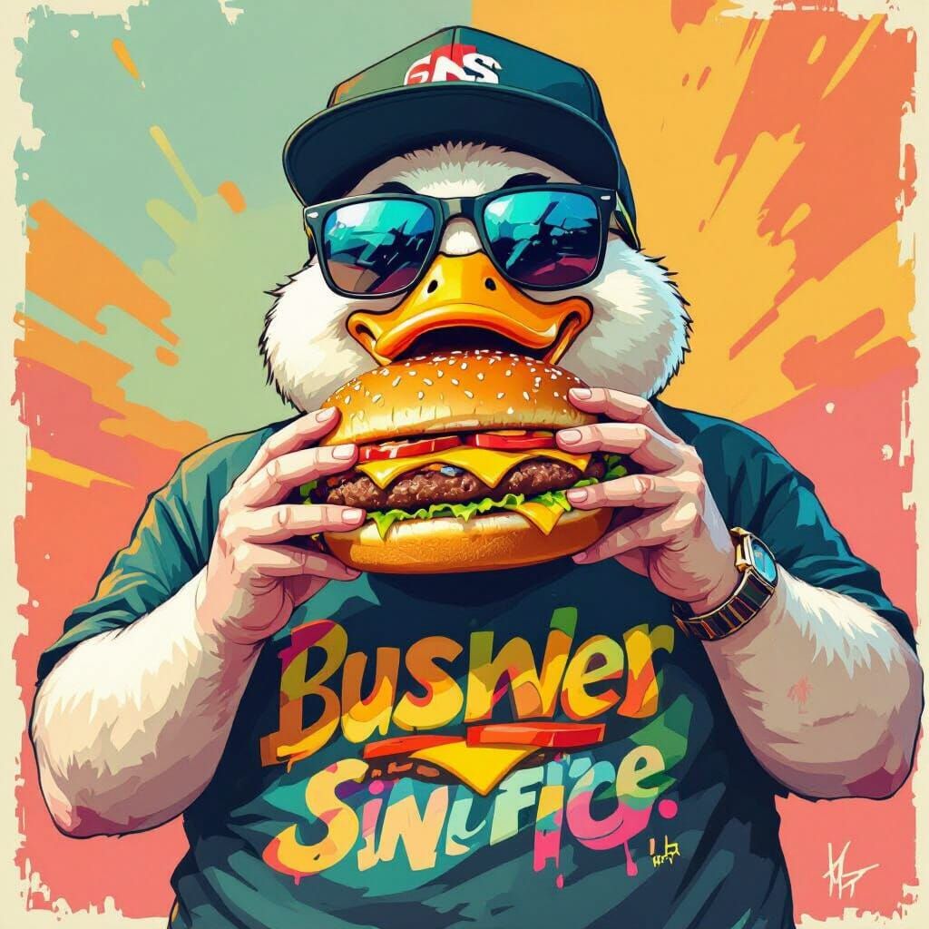 Duck Devouring Burger in Graphic Style