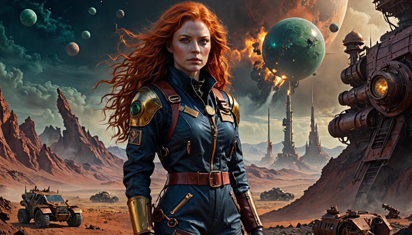 Steampunk Woman on Alien Planet in Industrial Landscape