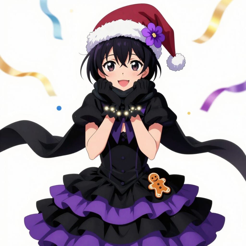 Anime Character in Santa Hat with Purple Flowers and Party S...