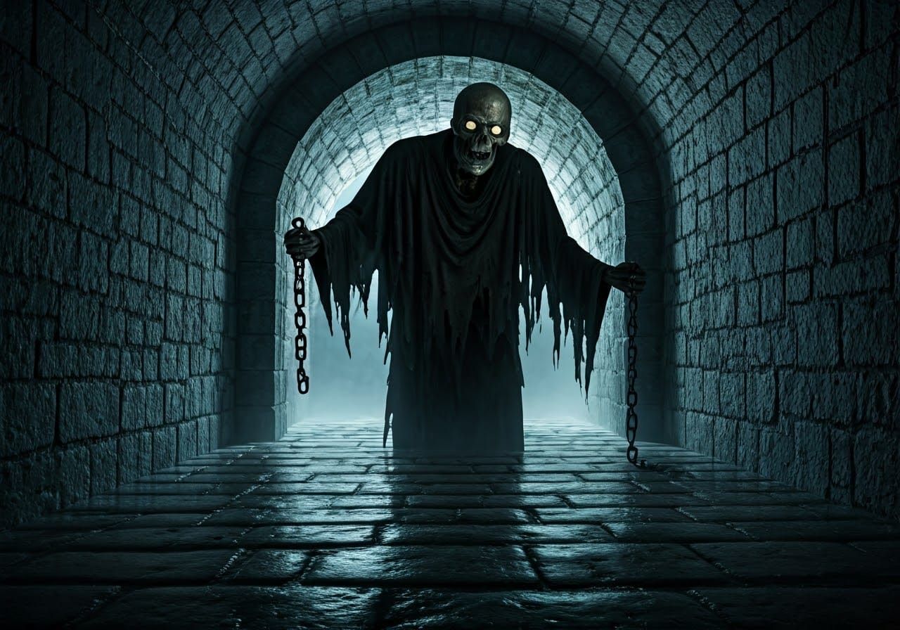 Skeletal Wraith Emerges from Dark, Ancient Stone Tunnel