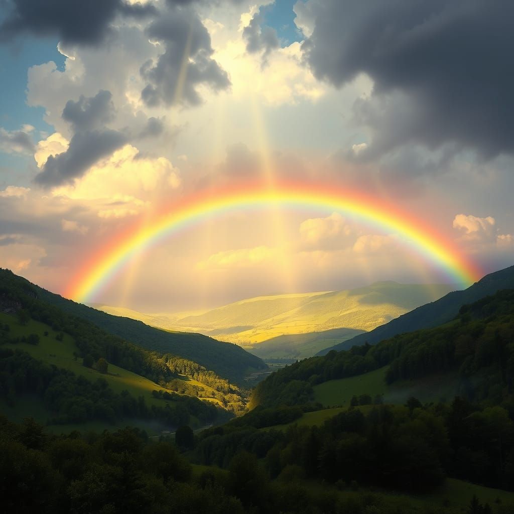 Luminous Rainbow Over Lush Valley in Bierstadt Style