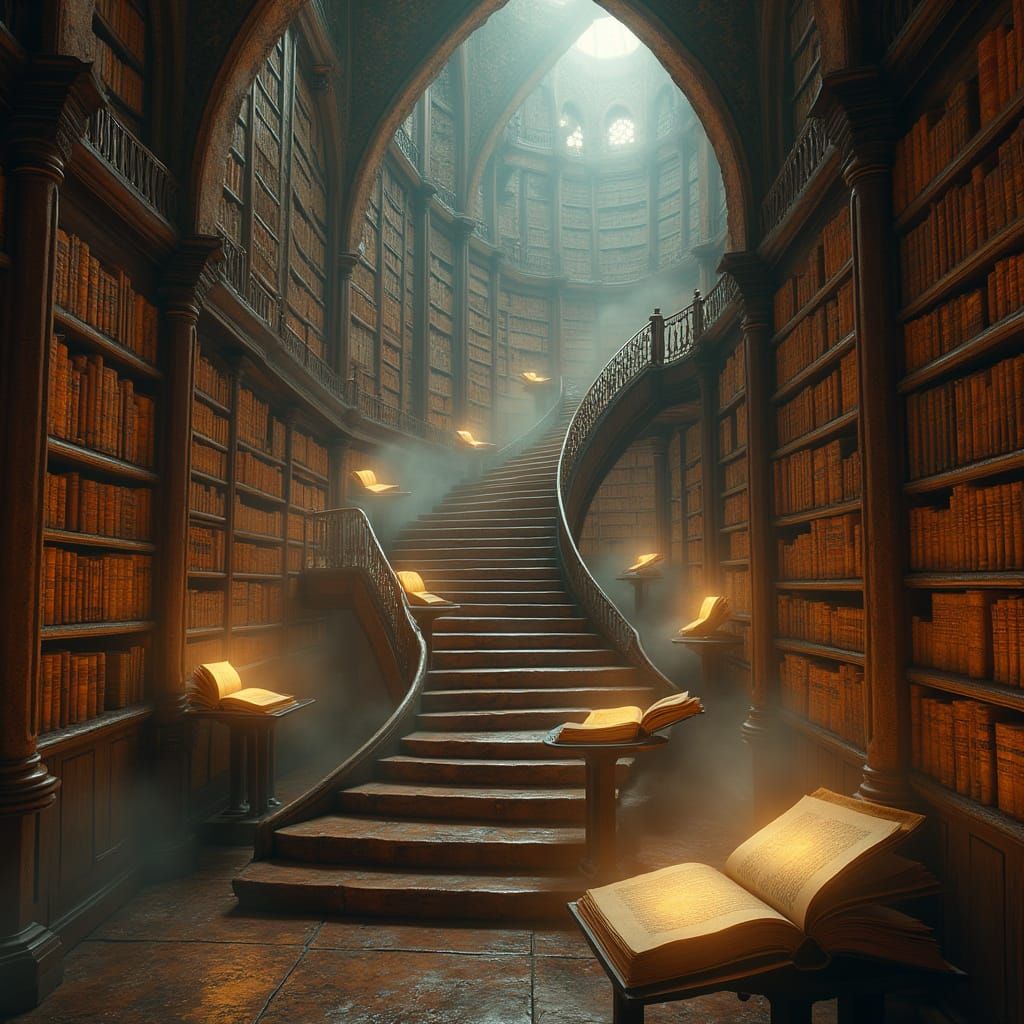Endless Surreal Library with Floating Books and Infinite Sta...