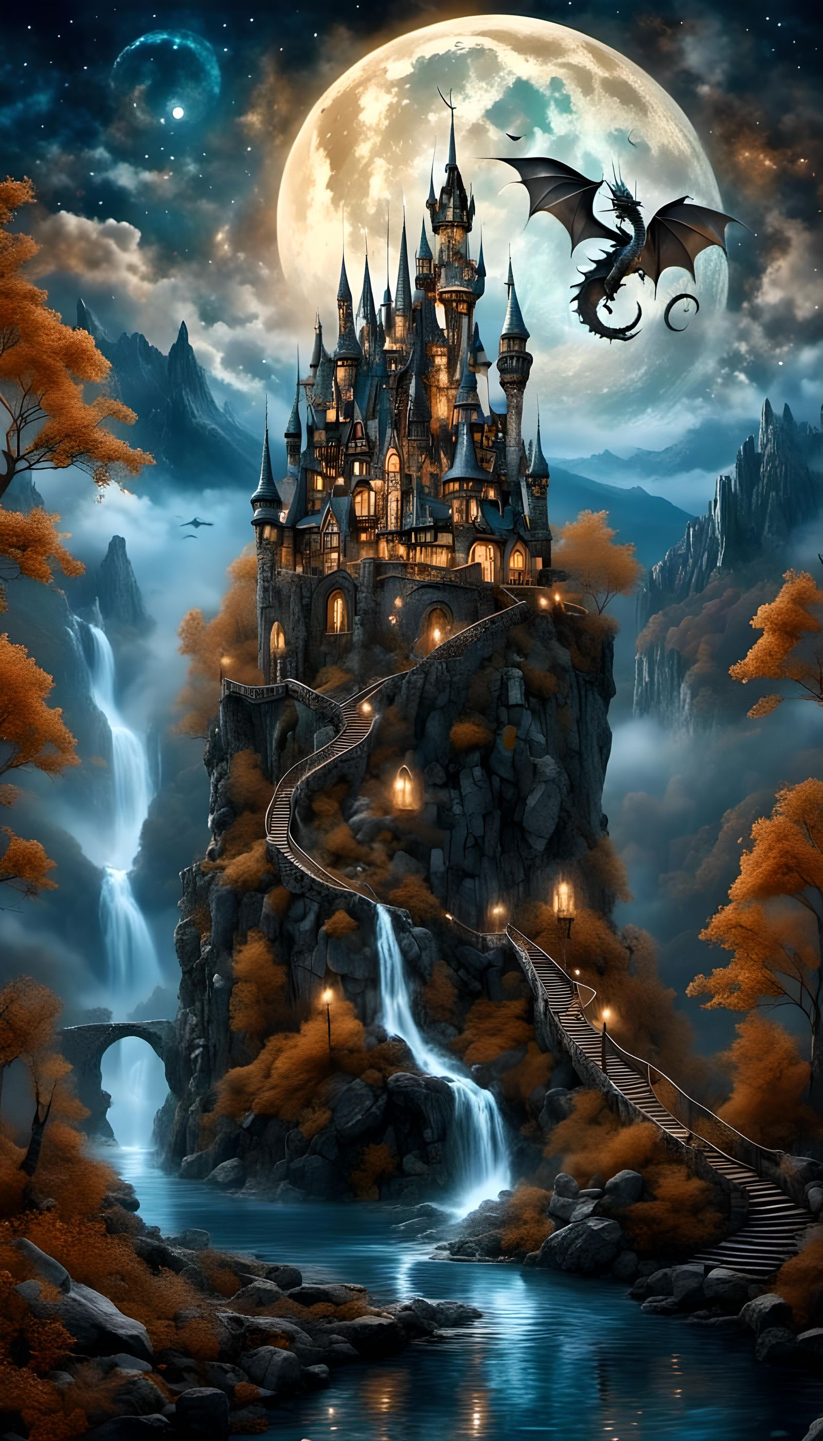 Magical Castle Soaring Over Fantasy Landscape