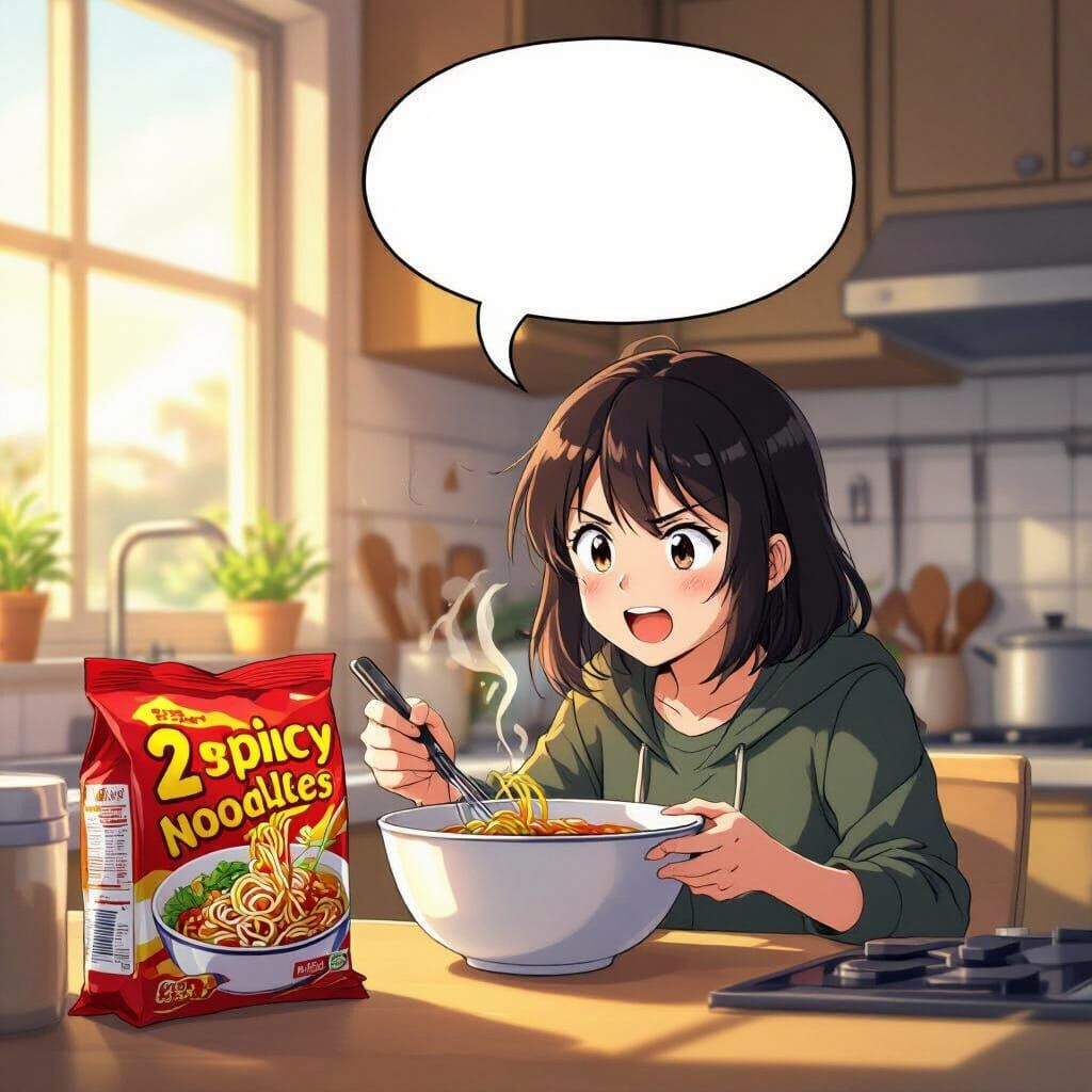 Excited Character Discovers Spicy Noodles in Anime Kitchen