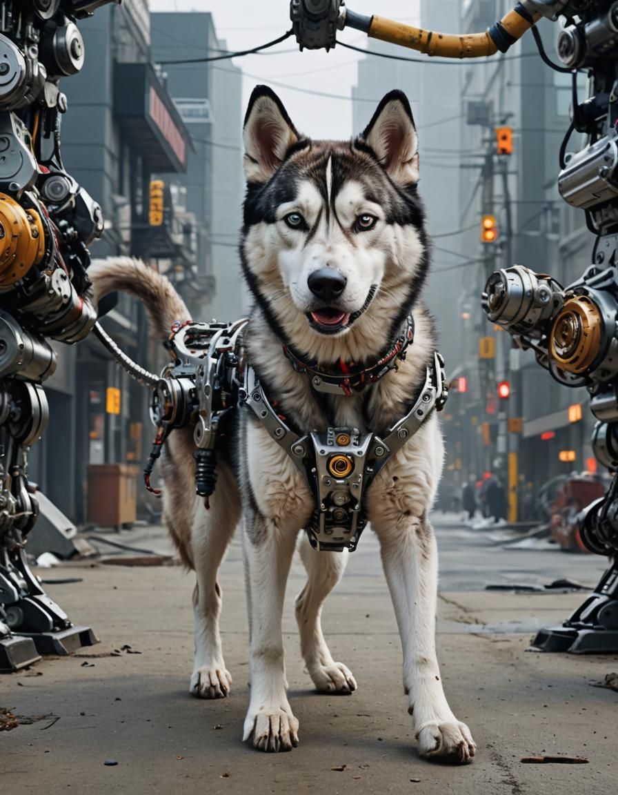 Futuristic Cyborg Alaskan Husky Running Outside