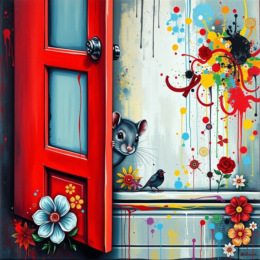 Mouse Peeking from Door in Graffiti Art Style