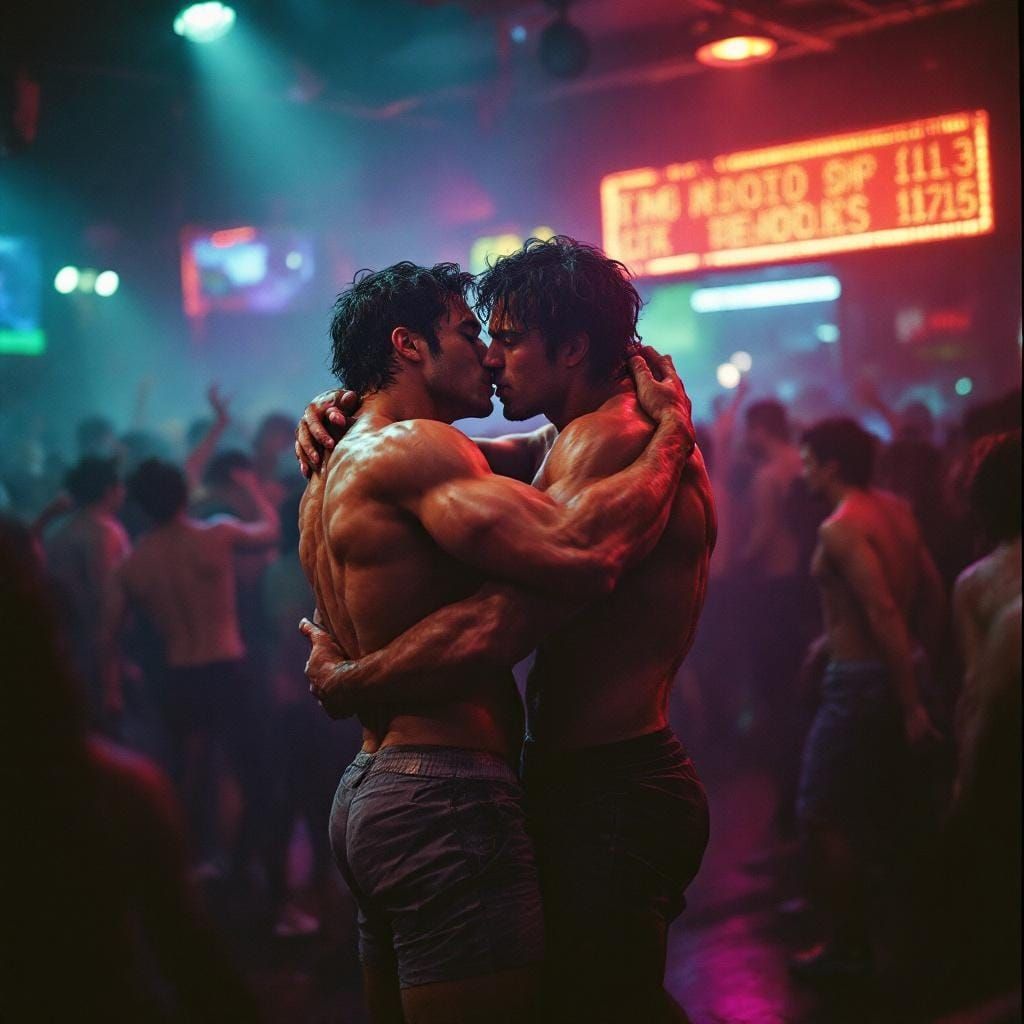 Passionate Embrace in 1980s Nightclub, Wong Kar-wai Style