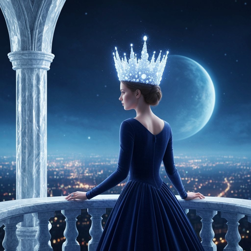 Regal Queen in Moonlight Crown Overlooking Celestial City