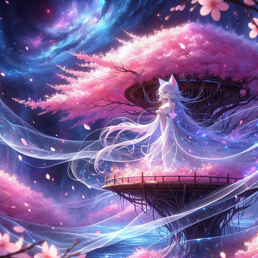Enchanting Anime Scene: Cherry Blossom Treehouse in Starry S...