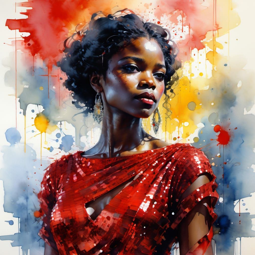 Gleaming Red Sequined Dress Watercolor Portrait