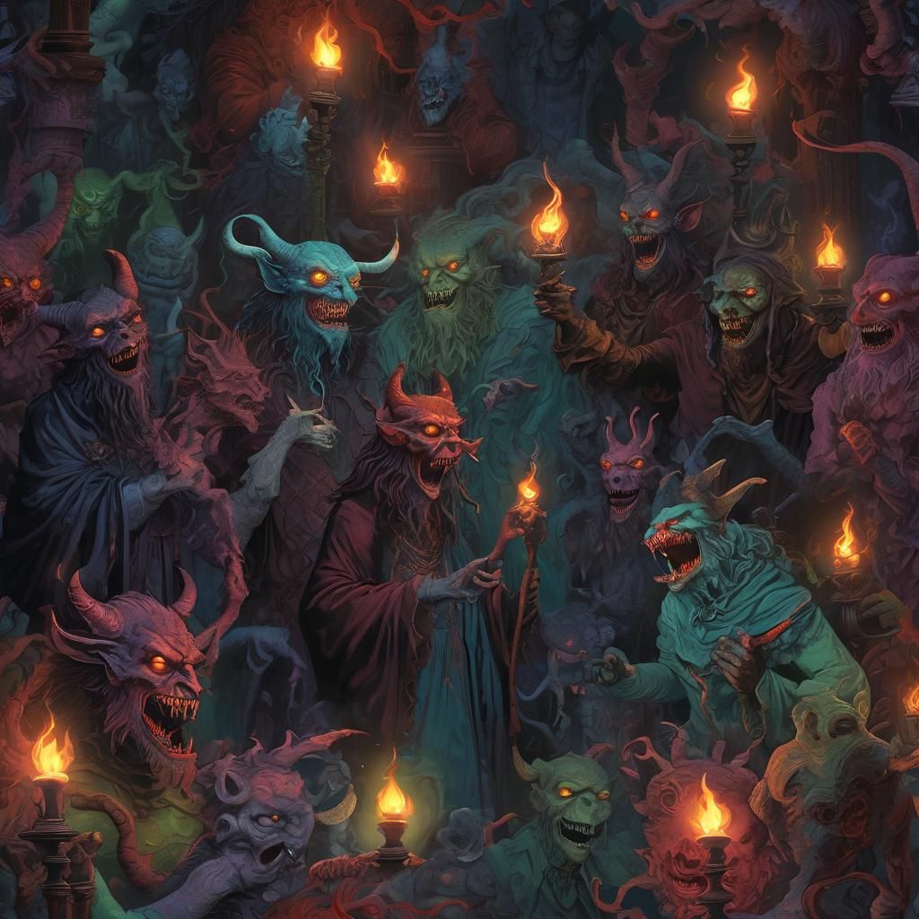 Demons Socializing in Mystical Realm as Mixed Media Art