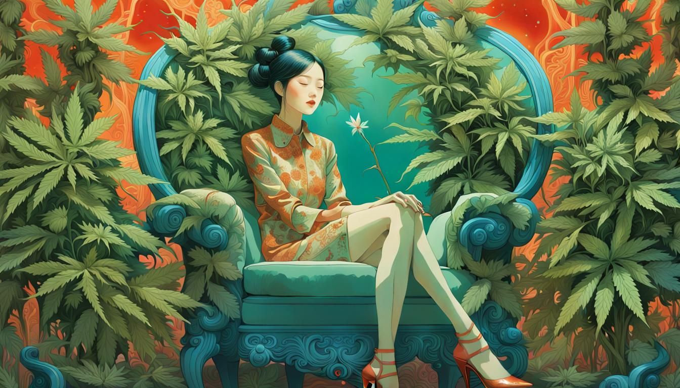 Woman in Cannabis Chair: Surreal Fairytale Art