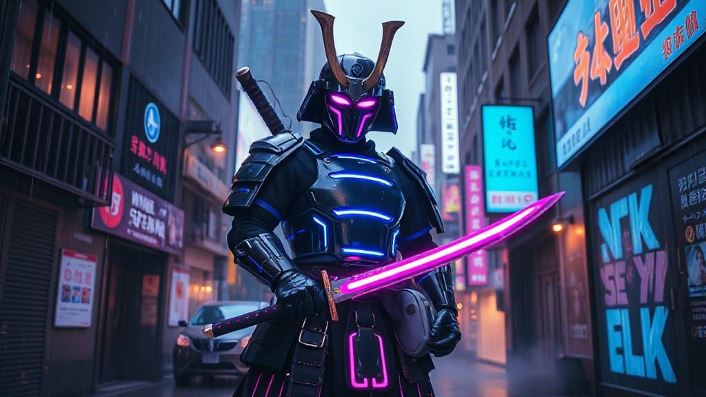 cyberpunk samurai warrior clad in a high-tech suit of armour adorned with glowing neon stripes,