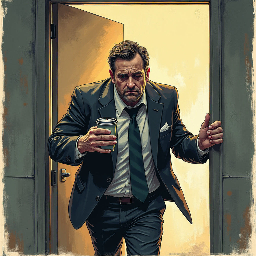 Disheveled Worker's Gritty, High-Contrast Morning Illustrati...