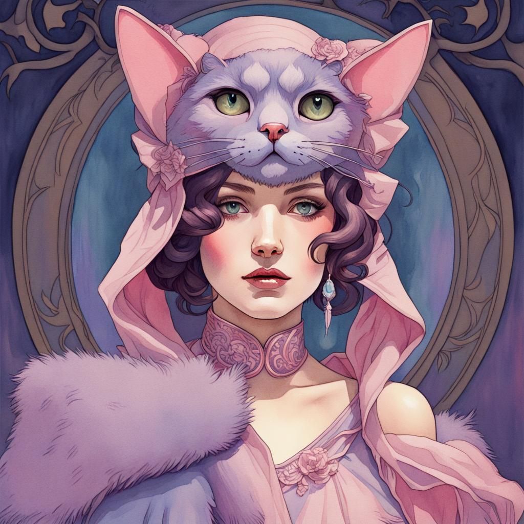 Woman in Cat Costume: Art Nouveau Watercolor Painting