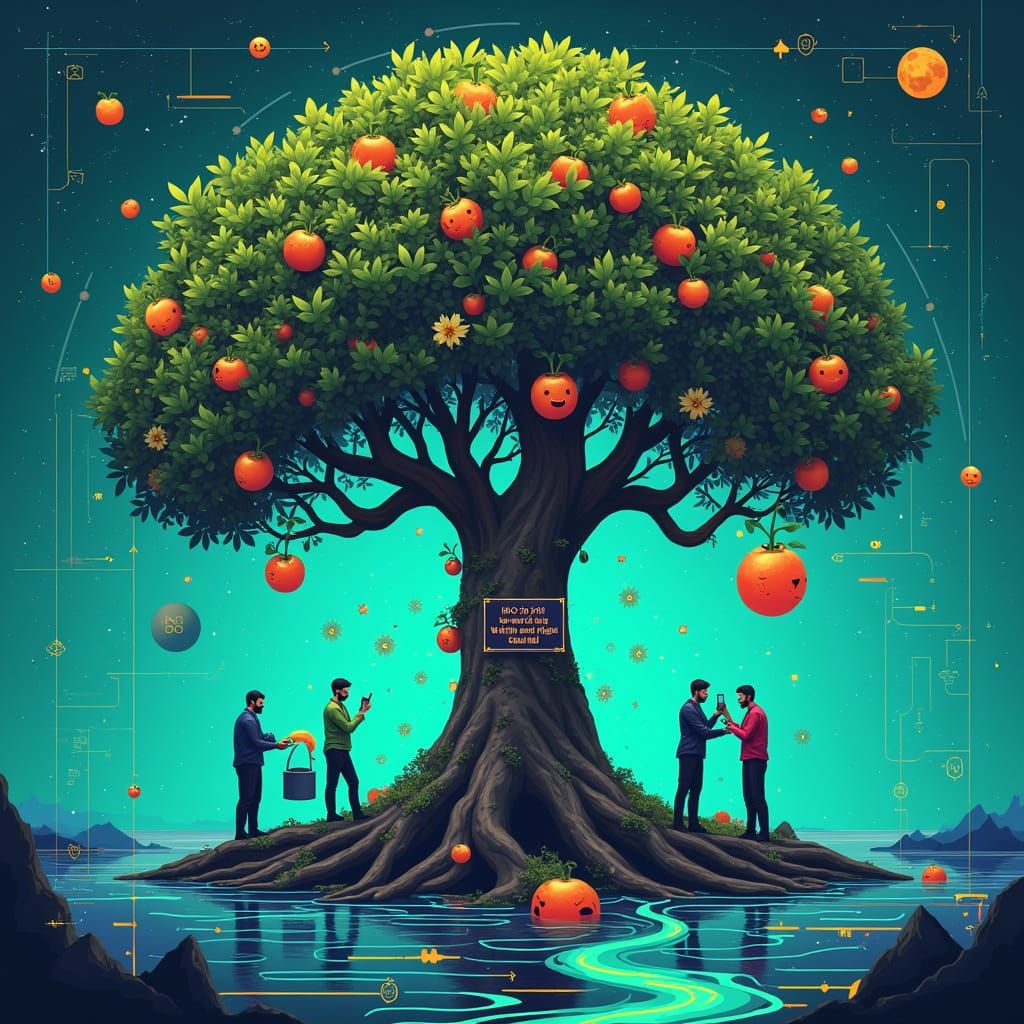 Tree of Quality and Teamwork in Cyberpunk Landscape